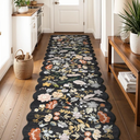 3x12ft Long Hallway Runner Rug - Non Slip Washable Floral Floor Runner for Kitchen Entryway Bathroom，Boho Low Pile Thin Rubber Backed Scalloped Carpet Runner (Black, 3x12)