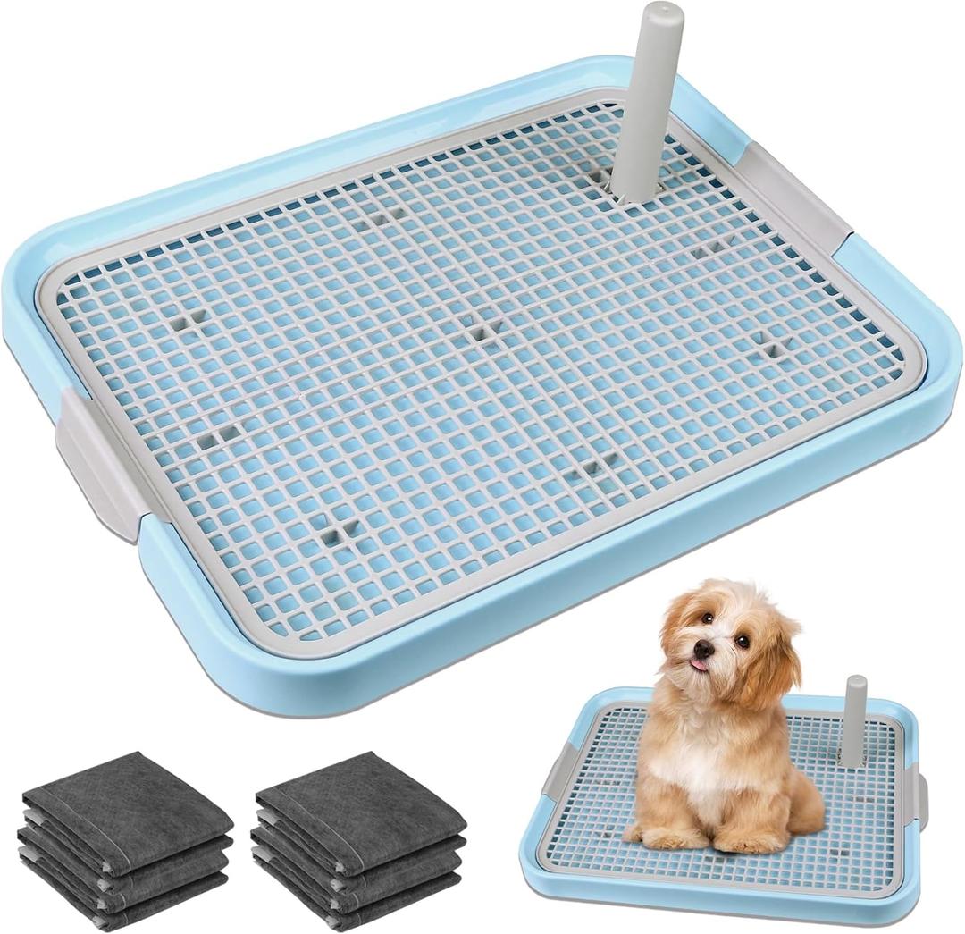CUHIOY Dog Potty Tray Toilet 20"x14" - Indoor Pee Pad Holder with 8pcs Training Pads, Puppy Mesh Potty with Secure Latch for Small Medium Puppies - Blue