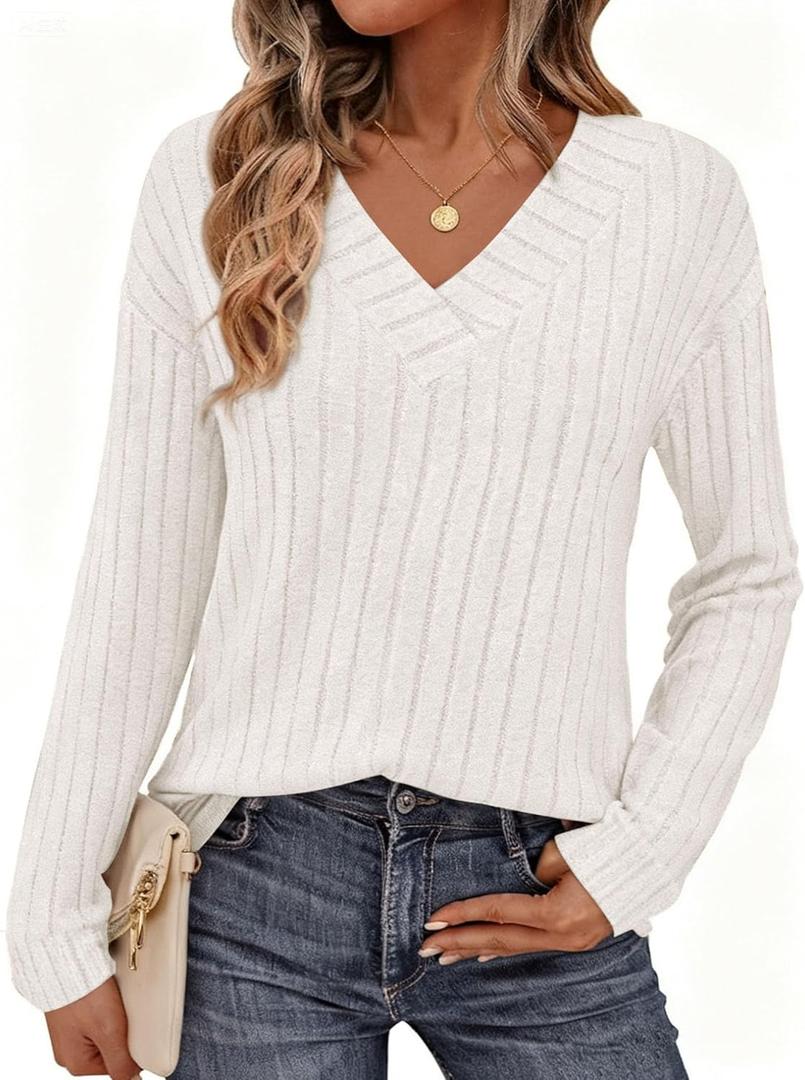 PRETTYGARDEN Fall Fashion 2025 Long Sleeve Shirts for Women Ribbed Knit V Neck Dressy Casual Lightweight Sweaters Tunic Tops (Small, White)