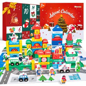 Christmas Advent Calendar Gifts for Kids, Commodum Wooden Building Blocks Set, City Construction Stacking Preschool Learning Toys, 24 Days Xmas Countdown Montessori Gifts for Toddlers Boys Girls 3+