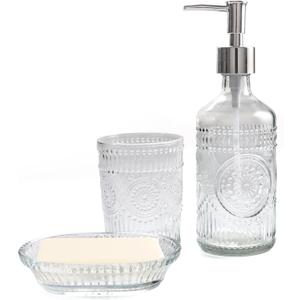 FEILANDUO 3Pcs Glass Bathroom Accessories Set, Lotion & Soap Dispenser, Toothbrush Holder, Soap Dish, Modern Bathroom Countertop Decor for Home, Housewarming Gift (Clear, 3 Pcs Bathroom Set)
