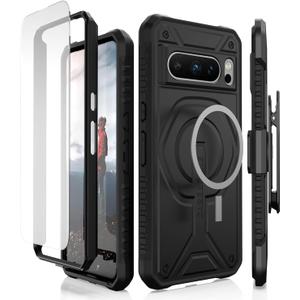 CaseBorne Compatible with Google Pixel 8 Pro Protective Case - Compatible with MagSafe, Slim Yet Rugged with Tempered Glass Screen Protector and Belt Clip Holster Black