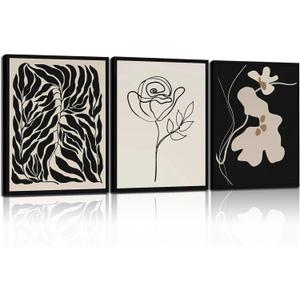 Abstract Botanical Framed Wall Art, 3 Piece Boho Line Art Set, 16x24 | Black, Cream and Taupe Palette Bold Organic Shapes Coordinated Gallery Look Versatile Modern Room Accent