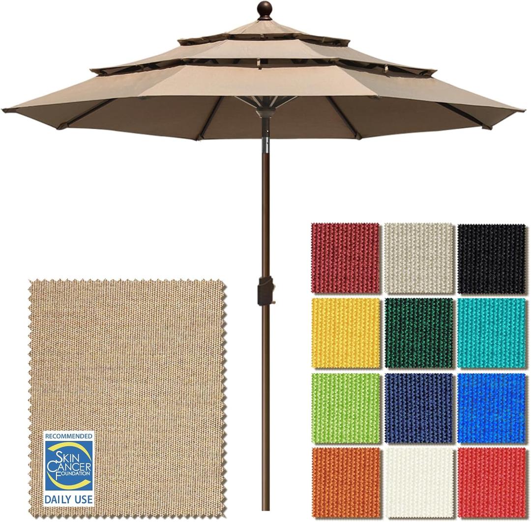 EliteShade USA 10-Year-Non-Fading 9ft 3-Tier Market Patio Umbrella, Commercial Grade Outdoor Table Umbrella with Crank Open, Windproof & UPF 50+ UV Protection, Heavy Duty Ventilation for Garden, Deck, Pool, Backyard, Beach & Bistro, Heather Beige