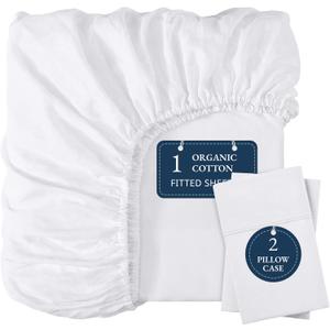LANE LINEN Fitted Sheet King Size, 100% Organic Cotton, 3-Piece Set (1 Fitted Sheet,2 Pillowcases), Percale Weave, Ultra Soft, Breathable,Fits Mattress Upto 15" Deep - White (No Flat Sheet)