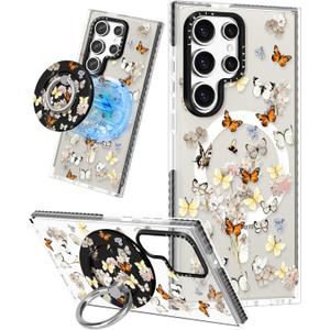 for Samsung Galaxy S23 Ultra Case for Women - Girls Funny Cute Design Compatible with Magsafe Magnetic Ring Holder Stand Butterfly Flower Phone Covers Aesthetic Girly TPU Funda for S23 Ultra