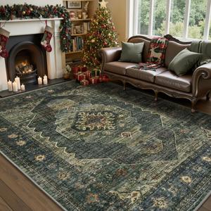 Olive Green 9x12 Area Rugs for Living Room Bedroom Rug Washable Vintage Neutral Farmhouse Rug Carpet Dining Room Rugs Office Retro Oriental Easy Clean Non Slip Large