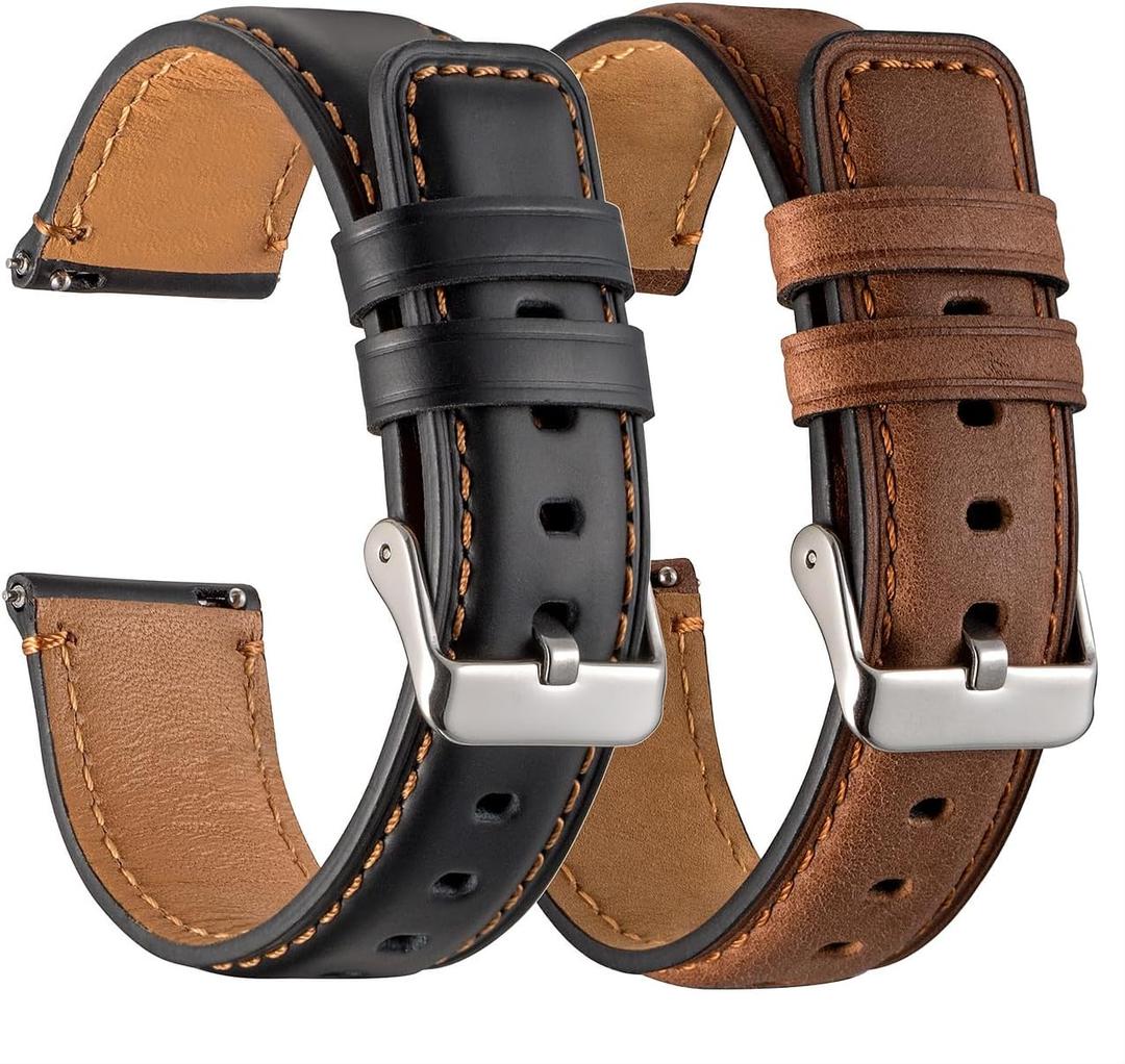 Galaxy Watch 5 Bands 2 Packs, Compatible with Samsung Galaxy Watch 5 Pro 45mm/ 5 40mm/ 5 44mm Band, 20mm Genuine Leather Quick Release Women Men's Watch Band (BK+BN)