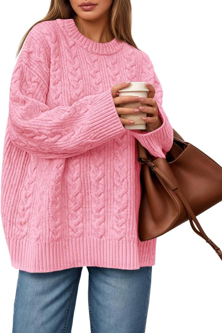 Saodimallsu Womens Cable Knit Sweater Oversized Long Sleeve Chunky Knit Crew Neck Fall Pullover Sweaters Top (Medium, Pink)