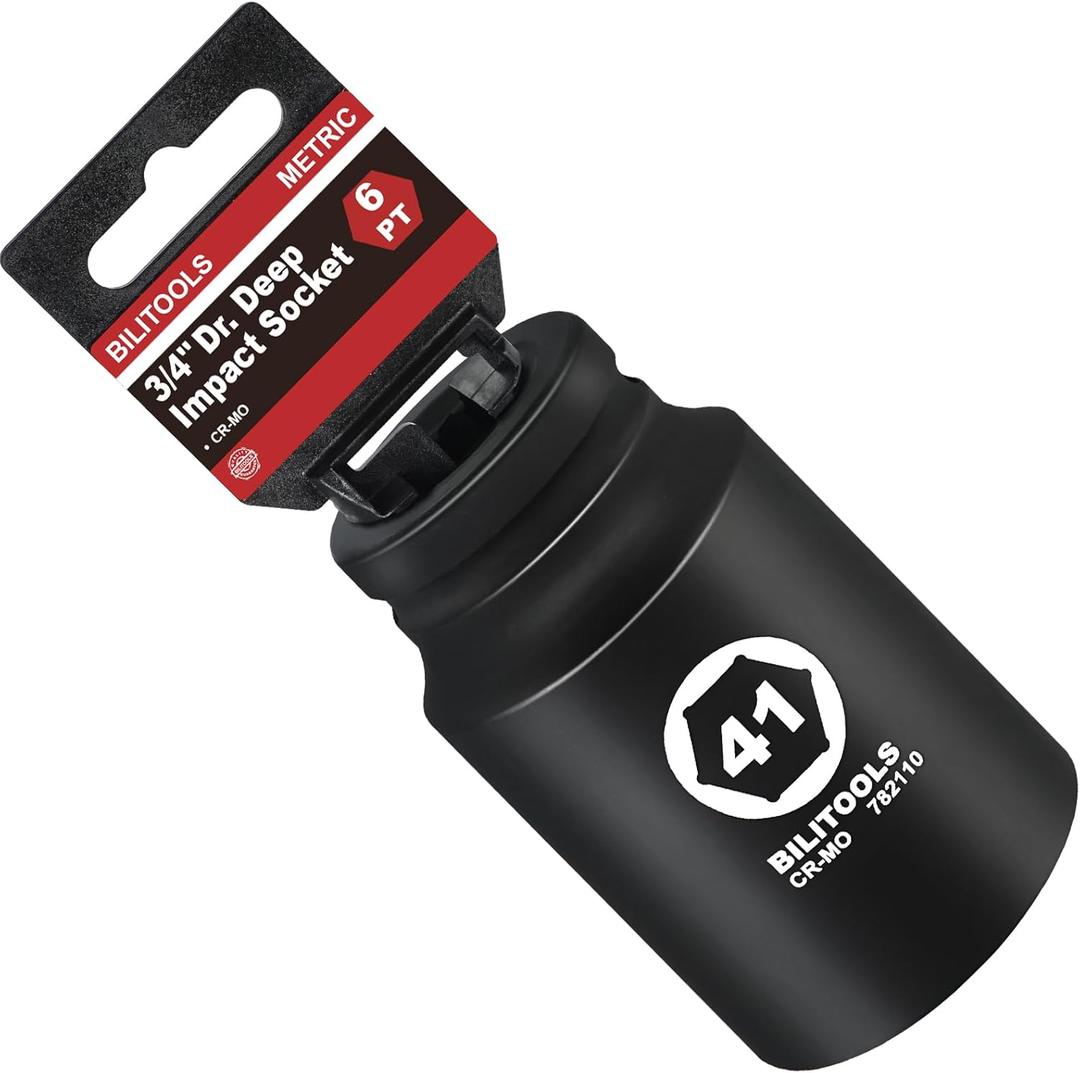 BILITOOLS 3/4" Drive Deep Impact Socket 41mm, Metric, CR-MO Steel, 6 Pt. Impact Grade Heavy Duty Large Axle Nut Socket