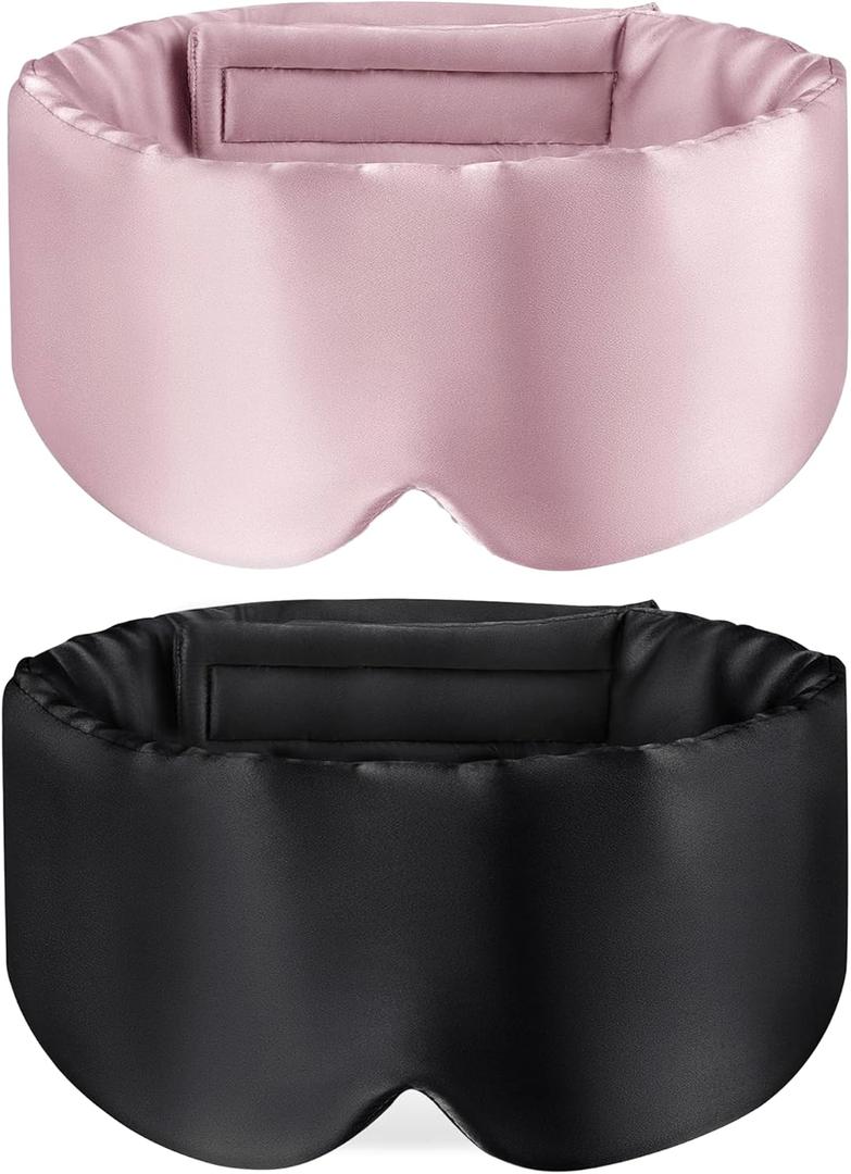 Silk Eye Mask for Sleeping Pack of 2, 100% Natural Silk Sleep Masks for Women Men, Soft Pressureless Cooling Blackout Satin Eye Mask Fits All Heads with Adjustable Strap for Home & Travel, Black and Pink