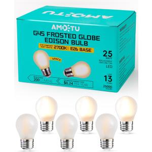 Frosted 25 Watt Light Bulbs E26 Warm White 2700k Dimmable Small Vintage Edison Bulbs G45 Low Watt Globe for Ceiling Fan,Pendant Lights,Vanity Light,Table Lamp,Bedroom and Bathroom Create Cozy Ambiance (6 Count (Pack of 1))