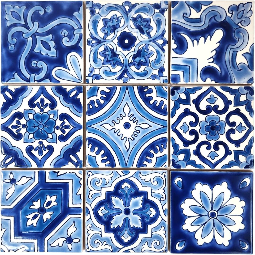 DYARI Set of 9 Decorative Ceramic Tiles  Hand Painted Indoor & Outdoor  Artisan Top Kitchen  Mediterranean Decorative 4x4 / One Tile Durable Colorful (Blue, 9 Tiles (1 Sq Ft))