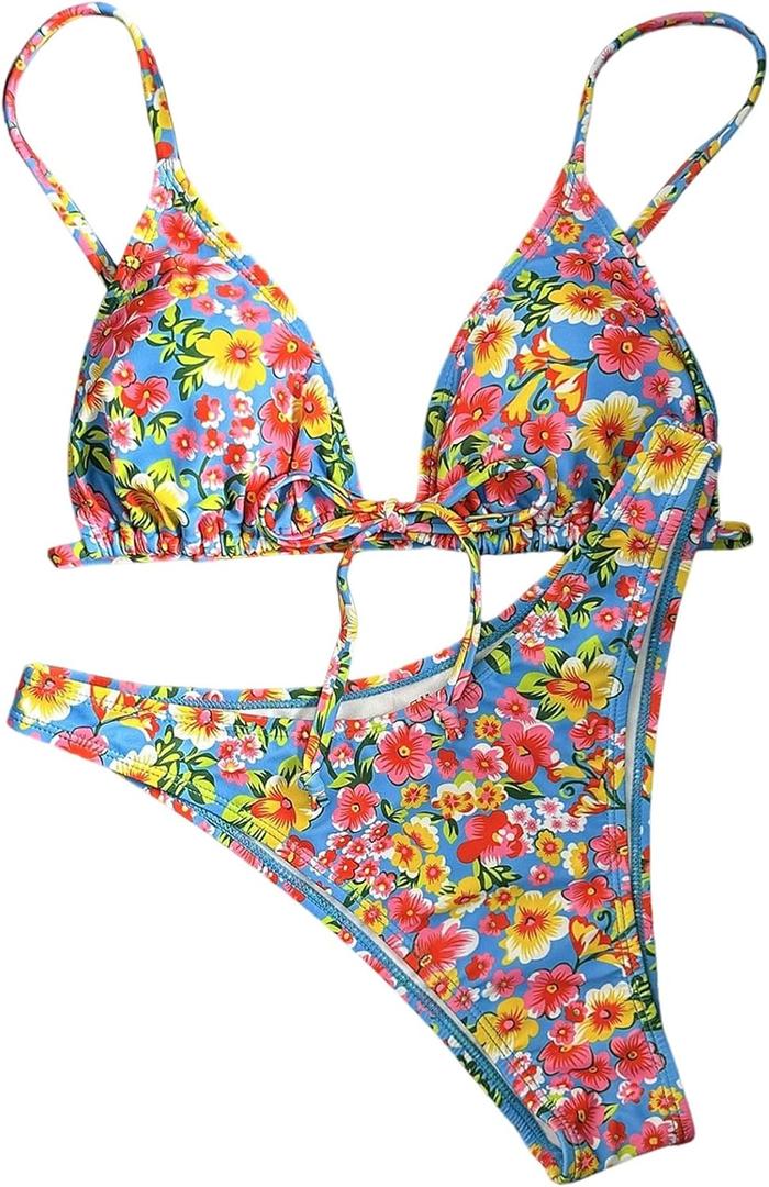 BEAUDRM Women's 2 Piece Gingham Bikini Set Cute Triangle Thong Bikini Halter String Bathing Suit High Cut Cheeky Swimsuit, Size Small