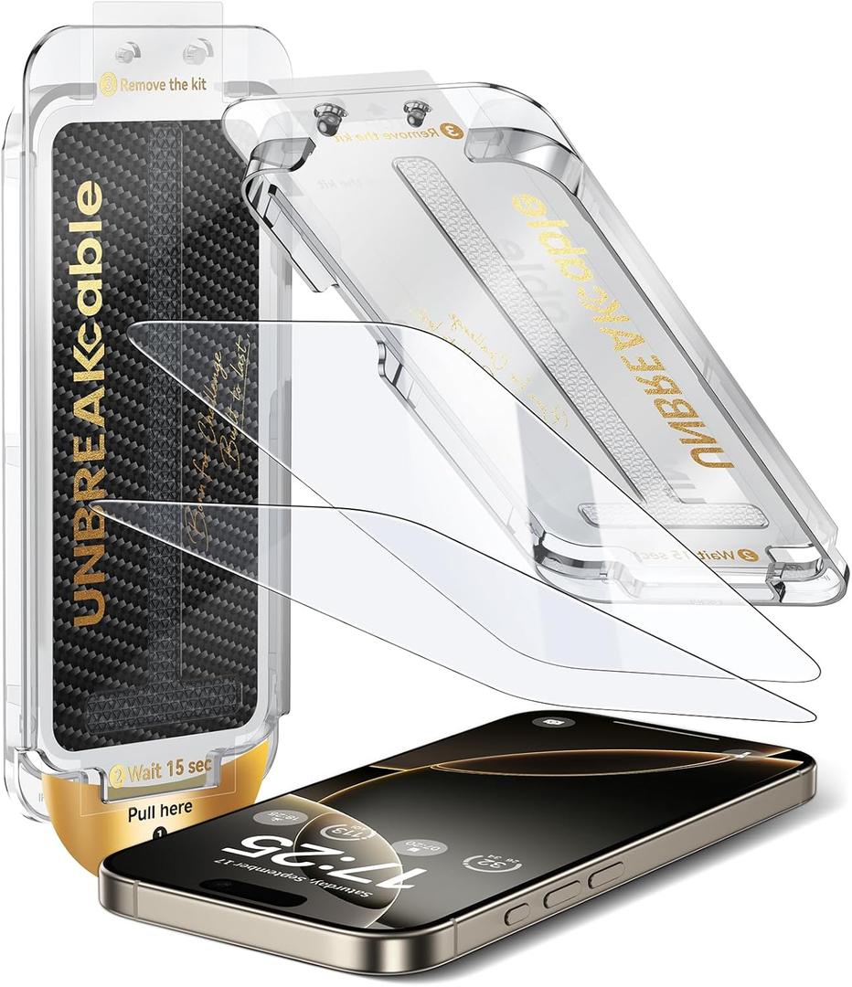 UNBREAKcable Screen Protector for iPhone 16 Pro, Pull-To-Protect Easy Installation, Auto Dust-Elimination, 9H+ Military-Grade Tempered Glass, Bubble-Free, Case Friendly, HD Clear, 6.3 Inch, 2 Pack