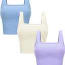 OLCHEE Womens 3 Pack Crop Tank Tops Basic Seamless Ribbed Sleeveless Square Neck Workout Top Summer Exercise Yoga Gym Shirts (Beige + Light Blue + Lavender) L