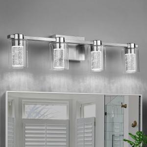 4-Light Bathroom Light Fixtures, Brushed Nickel Vanity Lights, Dimmable LED Bathroom Vanity Light Over Mirror, Modern Crystal Vanity Lights for Bathroom Bedroom Hallway (Cool/Neutral/Warm)