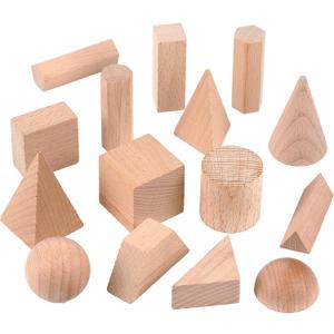 Syhood 15 Pcs 3D Shapes Geometric Solids Wooden Shapes Large Size Burlywood Color Geometric Blocks Set Montessori Learning Pattern Blocks Solid for Preschool Classroom Elementary Home School Supplies