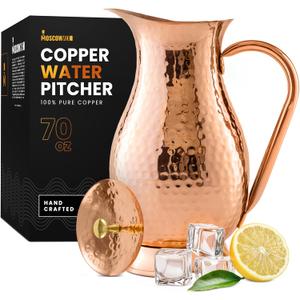 Pure 100% Copper Water Pitcher with Lid - 70 oz Large Copper Jug for Drinking Water - Heavy Duty Handcrafted - Bedside Carafe Vessel Ayurveda Hammered Health Benefits