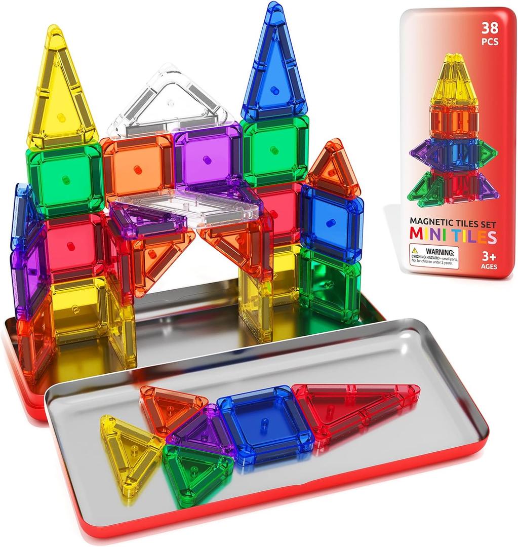 Travel Mini Magnetic Tiles with Case Toddler Road Trip Essentials Set, Magnetic Blocks Building Toys for 3+ Year Old Boys Girls Preschool Montessori Sensory Learning Birthday Gifts (Color-16)