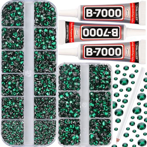 b7000 Adhesive Glue for 7500Pcs Green Rhinestones for Crafts Clothing Clothes, Dark Emerald Green Flatback Gems Diamonds for Fabric Football, Half Flat Back Crystals 2mm 3mm 4mm 5mm Mixed