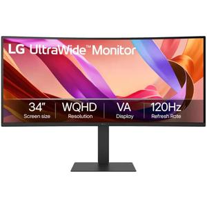 LG 34" WQHD (3440x1440) 120Hz HDR 10 Curved Ultrawide Monitor 34U62TB-B.AUS Height, Swivel, Tilt -DP Cable Included