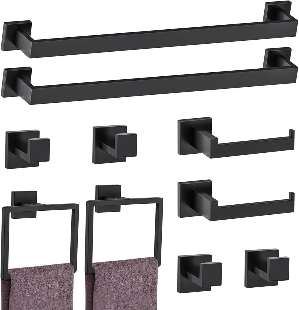 10-Piece Matte Black Bathroom Hardware Accessories Set Black Towel Bar Set Towel Holder Set Stainless Steel Wall-Mounted Towel Rack Set for Bathroom, 23.6 Inch Towel Bar