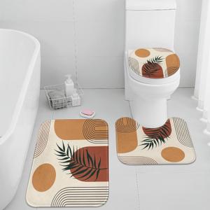 Britimes Boho Mid Century Bathroom Rug Set of 3 Brown Abstract Minimalistic Arch Beige 3 Pieces Bath Mats Set No Slip Washable Cover Floor Rug Decorations for Bathroom