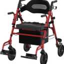 Walkers for Seniors with Seat, 2 in 1 Rollator Walker & Transport Chair with Reversible Backrest & Detachable Footrests, Folding Wheelchair with 8" Anti-Slip PU Wheels, Red