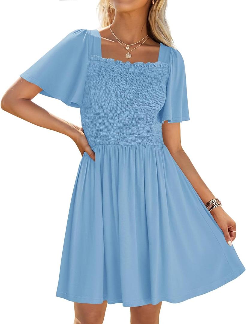 ZESICA Women's 2026 Summer Casual Mini Dress Flutter Short Sleeve Square Neck Smocked Tiered Ruffle Flowy Dresses (Blue, M)