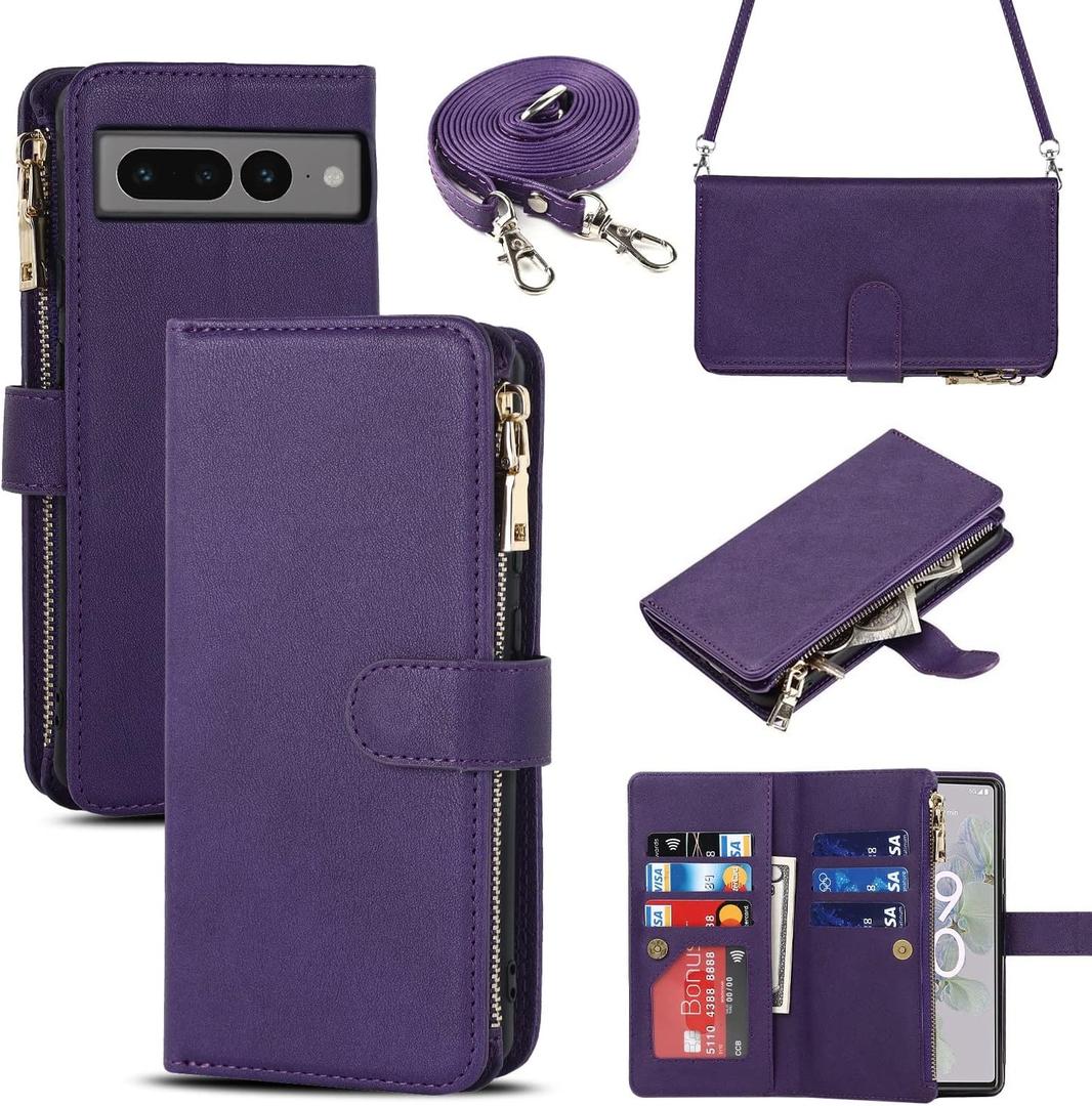 iCoverCase for Google Pixel 7 Pro Wallet Case with Card Holder, Kickstand Feature PU Leather Case with Adjustable Crossbody Lanyard Magnetic Clasp Zipper Pocket Flip Cover (Purple)