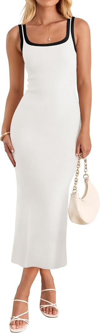 ZESICA Women's 2026 Summer Bodycon Midi Dress Casual Sleeveless Square Neck Side Slit Knit Beach Vacation Long Dresses, M