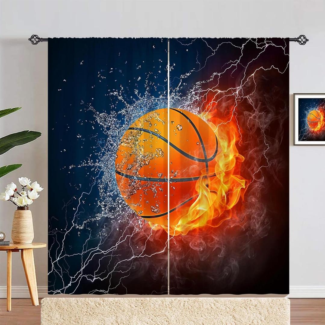 Kids Sports Curtains W42 x L84 Inch Rod Pocket Basketball Fire Ball Water Flame Thunder Lightning Print Pattern Privacy Fabric Window Drapes for Boys Bedroom Nursery Baby Playroom 2 Panels