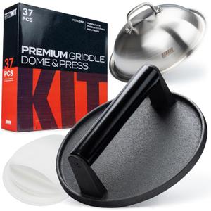 Smash Burger Press Kit - 7'' Flat Bottom Round Premium Cast Iron Press with 35 Pcs Patty Paper,12 Inch Heavy Duty Round Basting Cover Melting Dome. Perfect for Hamburger, Bacon, Meat, Sandwich