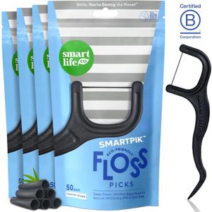 SmartLifeco Eco-Friendly Dental Floss Picks (200ct) - Flossers Made with Straw Wheat Blend, Natural Teeth Whitening, Tooth Pick Stick for Adults, Soft on Gums, Activated Bamboo Charcoal Floss Thread (1 Count (Pack of 200))