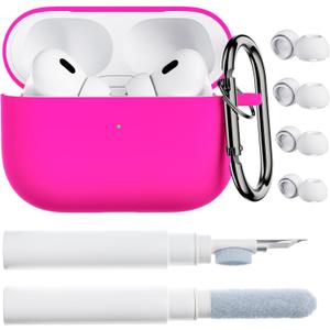 ORNARTO for AirPods Pro 2 Case, Compatible with AirPods Pro 1st/2nd Generation, Soft Silicone Cover with Cleaner Kit, Ear tips Protector & Keychain-Hot Pink