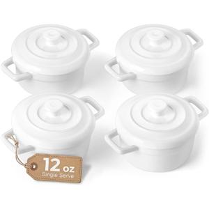Lareina Mini Cocotte - 12oz Ceramic Casserole Dishes - Kitchen Casserole Sets With Handles And Lid - Small Baking Ramekins - Oven, Microwave & Dishwasher Safe - Set of 4 - White