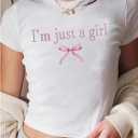 RoseSeek Girl's Graphic Tee Crew Neck Letter Bow Print Crop Tops Casual Cute Short Sleeve T Shirt (White)