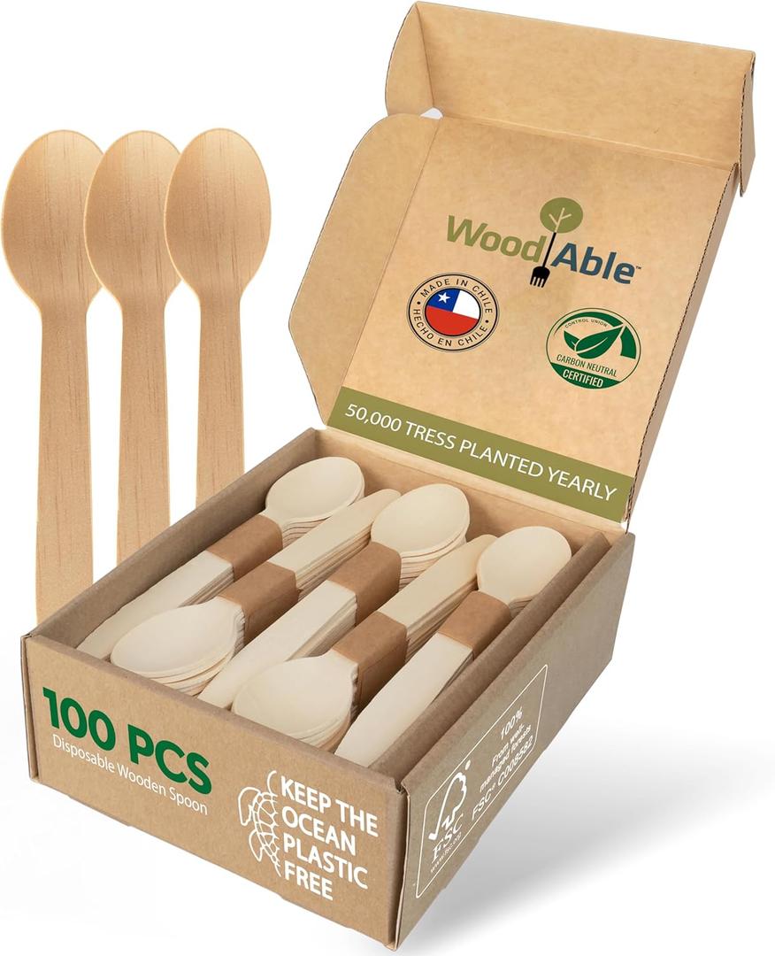 Disposable Wooden Cutlery Set - 100% Home Compostable - 100 Spoons 6.5", Bamboo Utensils Alternative, Eco-Friendly, Organic, Sustainable and Carbon Neutral Certified