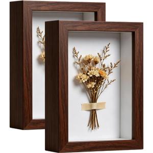 4x6 Shadow Box -2Pack Walnut Color Wooden Deep Picture Frame with Shatter-Resistant Panel for Wall Decor | 3D Display Case for Flowers, Photos and Crafts | Easy to Open & Ready to Hang Gift Idea