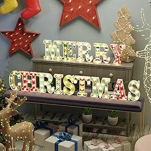 Christmas Decorations - 14 LED Letters Christmas Lights 'Merry Christmas', Surface UV Printing Snowflakes, Christmas Trees, Elk, etc, Warm White, 6.35x1.5x8.6 (DP-2023XMS)