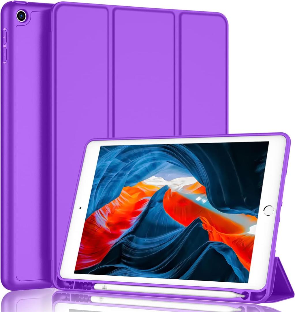 iMieet iPad 9th Generation Case 2021/iPad 8th Generation Case 2020 10.2 Inch with Pencil Holder, iPad 7th Gen 2019 Case with Soft Baby Skin Silicone Back, Auto Wake/Sleep Cover (Grape Purple)