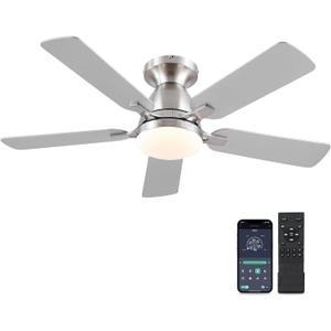 Ceiling Fans with Lights and Remote/APP Control,46" Flush Mount Ceiling Fan Dimmable DC MotorLow Profile Ceiling Fan for Bedroom,Living Room,Brushed Nickel