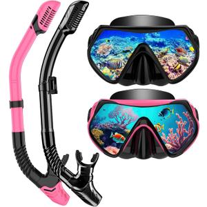 Snorkeling Gear for Adults, Dry-Top Snorkel Set Scuba Diving mask, 180Panoramic Wide View Professional Snorkeling Gear Breathing Freely Snorkel Mask (Black+Pink)