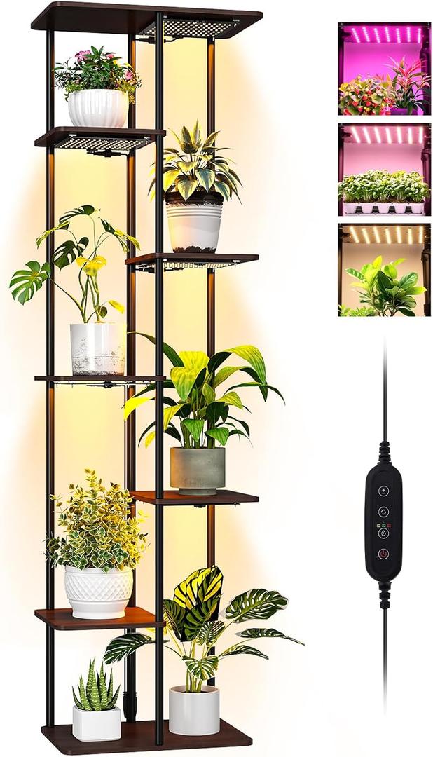 Indoor Plant Stand with Grow Lights, 7 Tier Corner Wooden Tall Stand for Indoor Plants with 50W(5x10W) LED Grow Light Panel, Full Spectrum Dimmable Light with Timer for Garden, Living Room