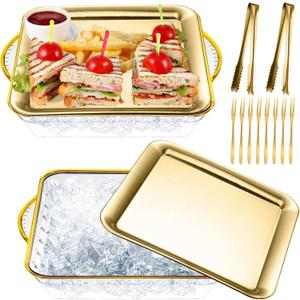 Baderke 9" Chilled Serving Tray for Parties with Compartments Ice Chilled Party Platter Charcuterie Serving Board Cold Dish Dip with Forks Tongs for Fruit Seafood Vegetable Appetizer 1 Pack