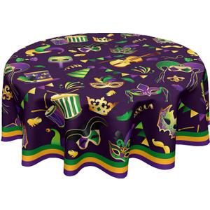Mardi Gras Tablecloth Round 70 Inch Carnival Fleur De Lis Mask Table Cloth Circle Purple Table Cover Tabletop for Home Decor Dining Room Kitchen Party Picnic