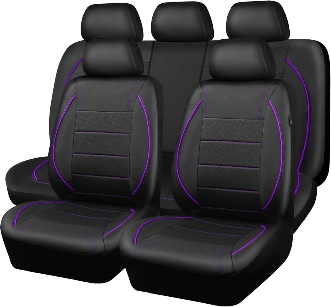 CAR PASS Piping PU Leather Car Seat Cover,Inside Zipper Design and Reserved Opening Holes Airbag Compatible,Universal FIT for Car, SUVs,Van,Trucks,Full Set, Black & Purple (Black and Purple)