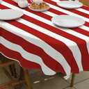 Red Strips Print Outdoor Tablecloth with Umbrella Hole for Oval Table, Waterproof Strip Patio Table Cloth with Zipper - 60 x 102 inches