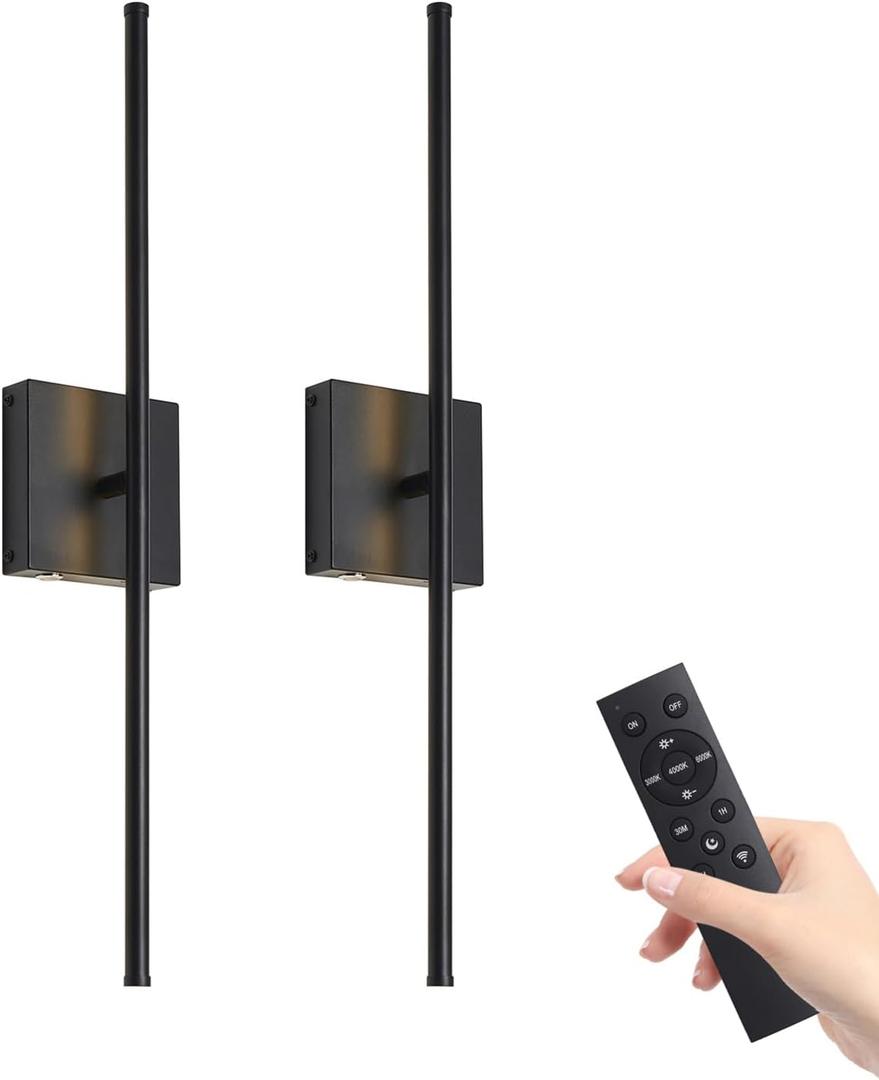 Battery Operated Wall Sconce with Remote Control,Wall Sconces Set of Two,3000K-6500K LED Wireless Wall Light for Bedroom, Hallway, Background Wall, 350Rotate,26.6 Inch, Black(2 Pack) (Black-9)